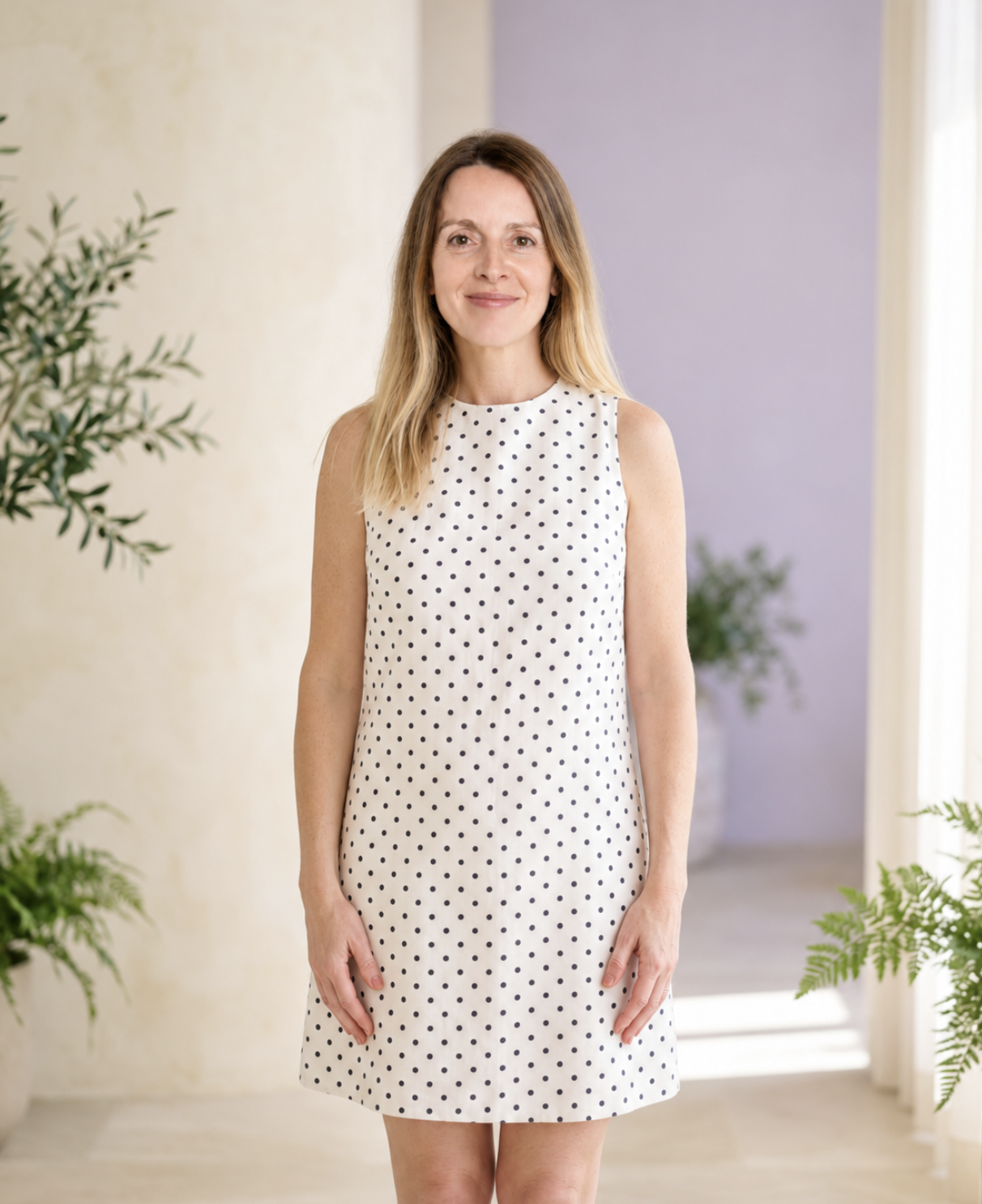 Núria standing calmly in her white polka-dot dress in a light-filled room with plants and a lavender wall